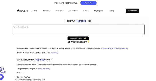 Regem AI Plus - Regem AI Rephrase Tool is a Free and Powerful AI-based Rephrasing tool to rephrase the content in seconds.