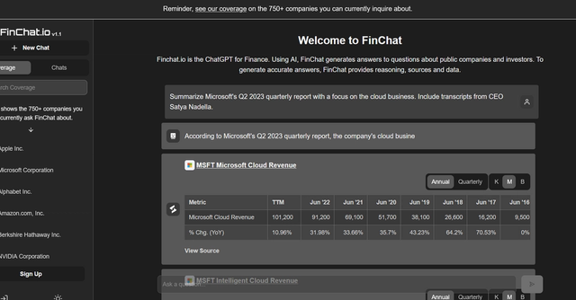 Finchat.io - FinChat generates answers to questions about public companies and investors.