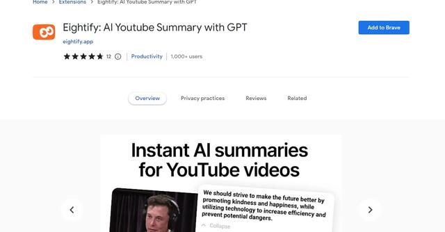 Eightify - Summaries for YT: 8 key ideas to decide if video is worth watching.