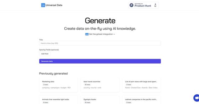 Universal Data Generator - Universal Data Generator is an AI-powered tool that allows users to generate custom data on-the-fly for various purposes, including research, testing, and data visualizations.