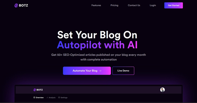 GetBotz - GetBotz can completely automate your blog with help of AI + Data. Just connect your blog and our Botz will post articles on your blog reguarly with focus on SEO on complete autopilot mode.