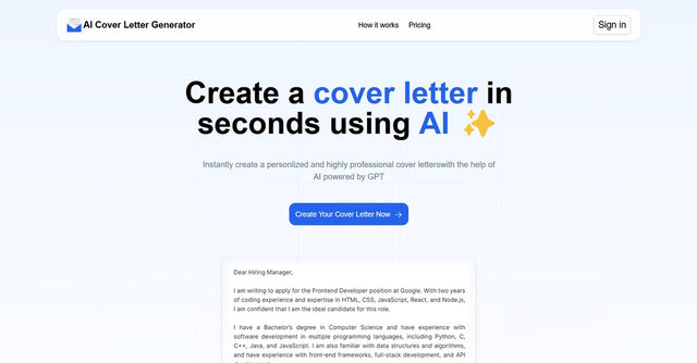 AI Cover Letter Generator - Create a cover letter in seconds using AI