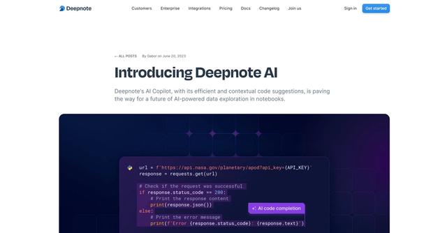 Deepnote - Deepnote's AI Copilot, with its efficient and contextual code suggestions, is paving the way for a future of AI-powered data exploration in notebooks.