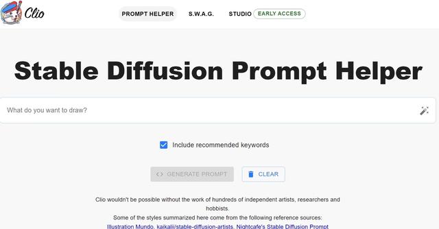 Clio - Stable Diffusion Prompt helper, AI generated NFTs, and AI image studio