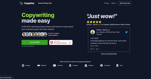 Copylime - Copylime is a tool that offers a comprehensive suite of automated copywriting and content creation features.