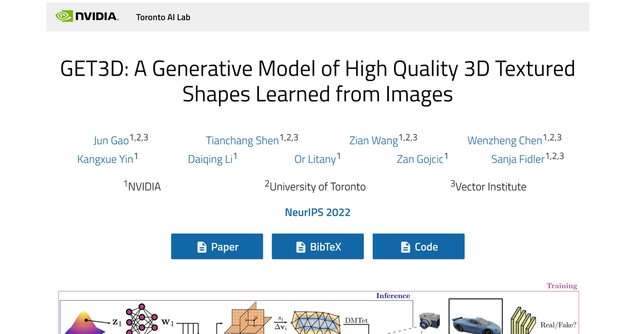 GET3D (Nvidia) - Generative 3D Textured Shapes from Images.