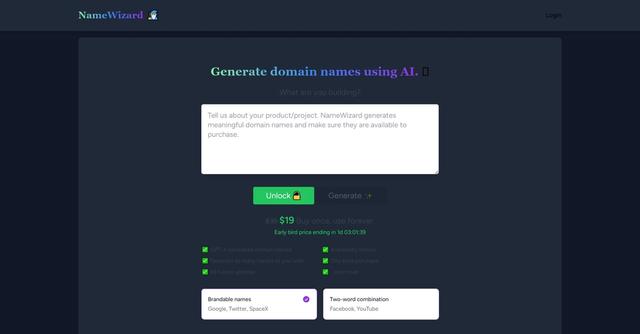 NameWizard - Instantly generate memorable domain names using AI and ensure availability for purchase.