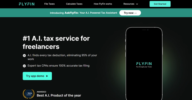 FlyFin - FlyFin is a tax service designed for self-employed individuals, utilizing artificial intelligence to maximize tax deductions