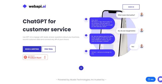 WebApi.ai - WebApi.ai is an advanced chatbot builder that leverages GPT3-based conversational AI technology.