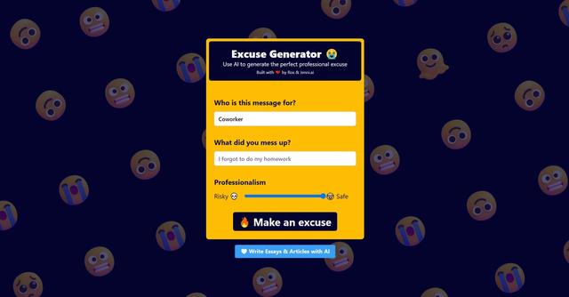 The Excuse Generator - The Excuse Generator is an AI-powered tool designed to generate excuses for professional use when mistakes occur.