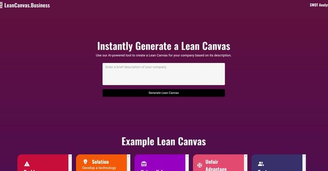 Lean Canvas - The AI Lean Canvas Generator is an AI-powered tool that helps businesses instantly generate a Lean Canvas based on their company description.