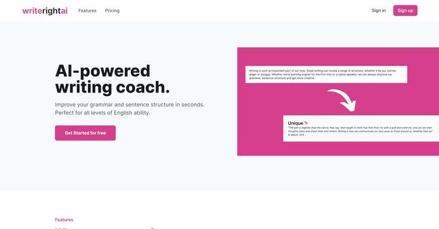 WriterightAI - WriteRightAI is an AI-powered writing coach that provides instant grammar and sentence structure feedback to help users improve their writing skills, regardless of their English proficiency level.