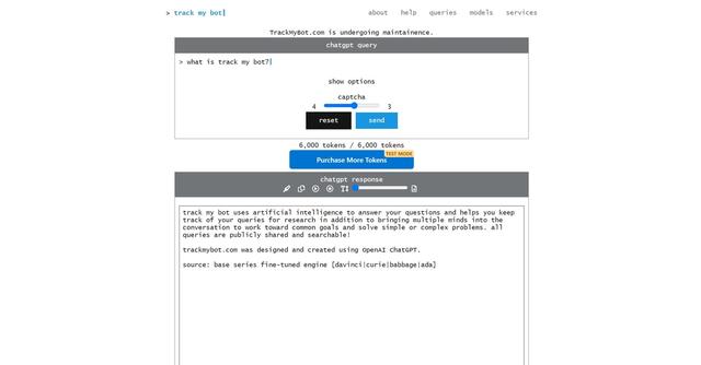 Trackmybot - AI-powered tool for answering questions and tracking queries for research purposes.