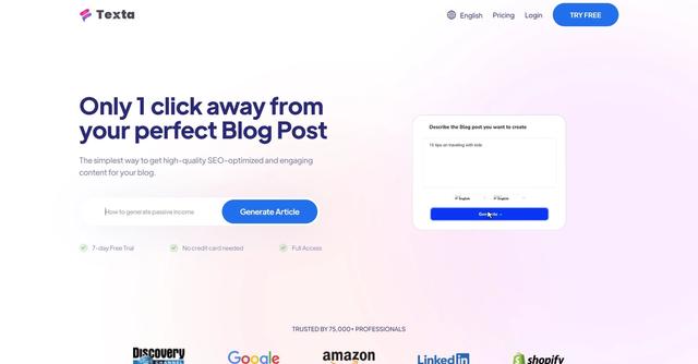 Texta - Texta is a AI article generator that empowers content creators to generate high-quality, plagiarism-free, and SEO-optimized articles in seconds.