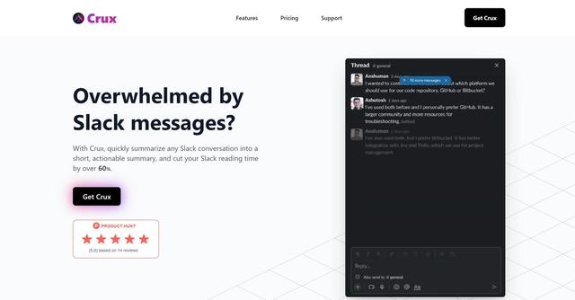 Getcrux - AI-powered tool for quick context and summary of conversations on Slack.
