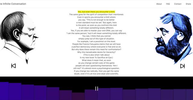 The Infinite Conversation - The Infinite Conversation is an AI tool that generates ongoing dialogues between renowned intellectuals Werner Herzog and Slavoj Žižek.
