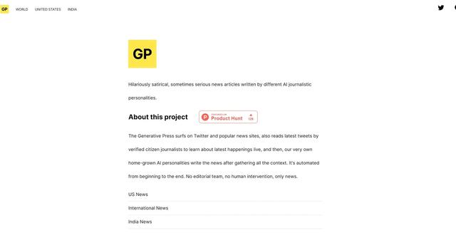 TheGenerativePress - The Generative Press is an automated news source written entirely by AI journalists, providing news articles without human intervention or editorial teams.