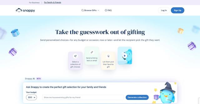 Snappy - Send personalized choices—for any budget or occasion, now or later—and let the recipient pick the gift they want.