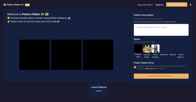 Pattern Maker AI - Generate vector patterns w/ AI; browse public patterns.