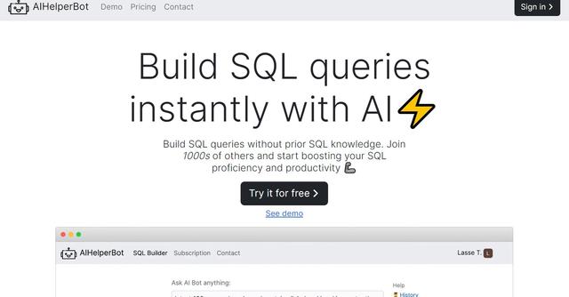 AIHelperBot - Build SQL queries with AI. Supports NoSQL databases too.