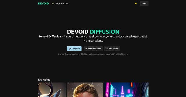 Devoid - AI tool based on the Stable Diffusion neural network, allowing users to generate unlimited images with various settings and features. Accessible via Telegram or Discord bot.