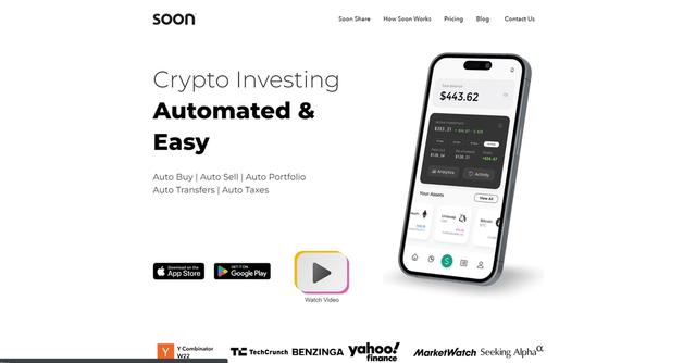 Soon - Soon is a fully automated crypto investing tool that takes the stress out of speculating by using dollar-cost averaging to invest in cryptocurrency.