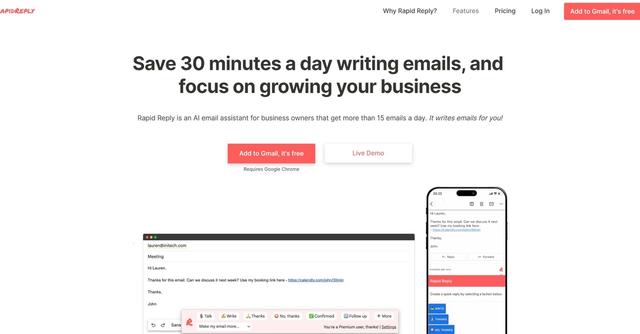 Rapid Reply - Rapid Reply is an AI-powered email assistant that integrates with Gmail to help users write and send emails up to 10x faster.