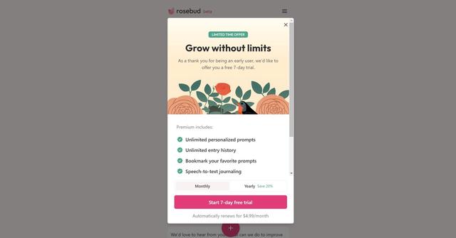 Rosebud - Rosebud is a life assistant tool designed to help users explore their inner world, uncover their unique wisdom, and design their path to happiness through self-reflection.