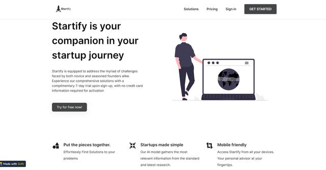 Startify - Startify is an AI tool that assists startup founders in overcoming challenges and provides comprehensive solutions for both novice and experienced entrepreneurs.