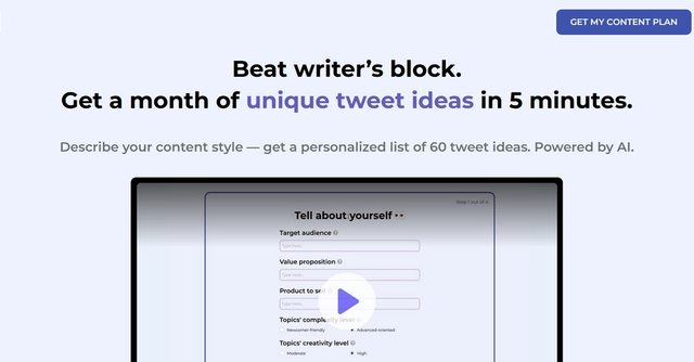 Marketing Co-Pilot AI - Get a month of unique tweet ideas in 5 minutes.