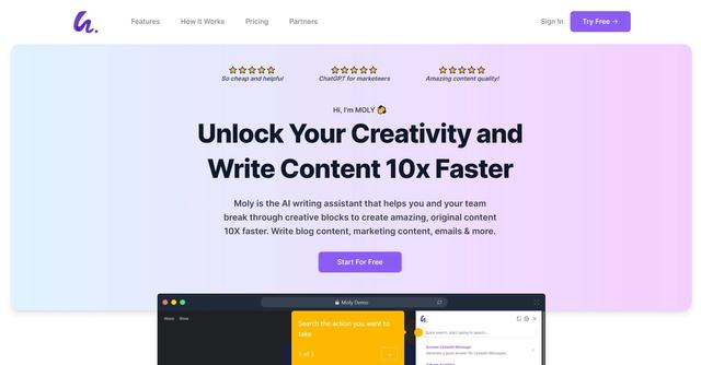 Moly - Moly is an AI writing assistant that utilizes GPT-3 and AI technology to help individuals and teams generate content at an accelerated pace