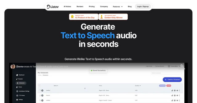 Listnr - Text-to-Voice in seconds, 600+ voices in 80+ languages, export in MP3/WAV.