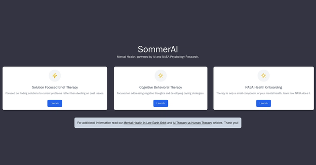 SommerAI - SommerAI is an AI therapist that utilizes evidence-based approaches such as CBT, SFBT, and RRT, as well as life tips, to provide personalized mental health support to individuals through a weekly schedule.