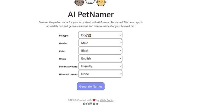 AI Pet Namer - AI-powered pet name generator for unique and creative pet names.