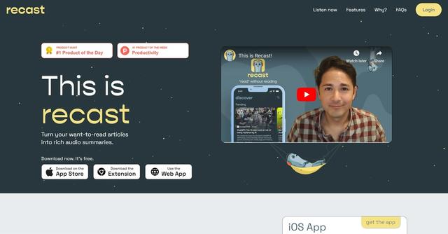 Recast - Transforms lengthy articles into audio summaries, allowing users to stay informed while multitasking.