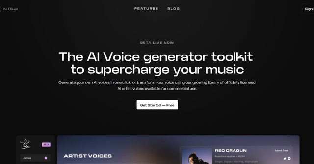 Kits AI - Create, train, and share custom AI voice models, fostering collaboration with artists and providing users access to their favorite artists' voices for music projects.