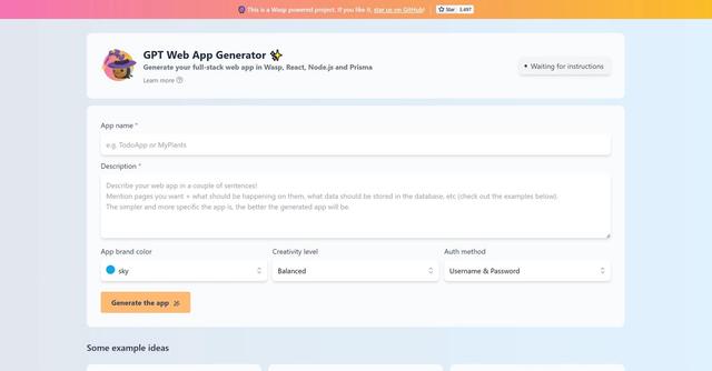 GPT Web App Generator - GPT Web App Generator combines the power of GPT with the Wasp full-stack framework to swiftly create versatile web applications.