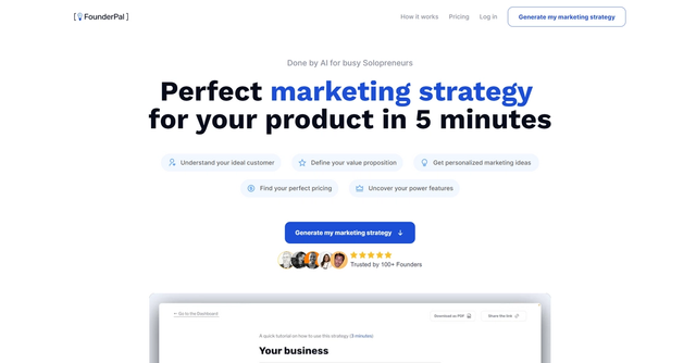 Marketing Strategy Generator - Perfect marketing strategy for your product in 5 minutes. Done by AI for busy Solopreneurs.