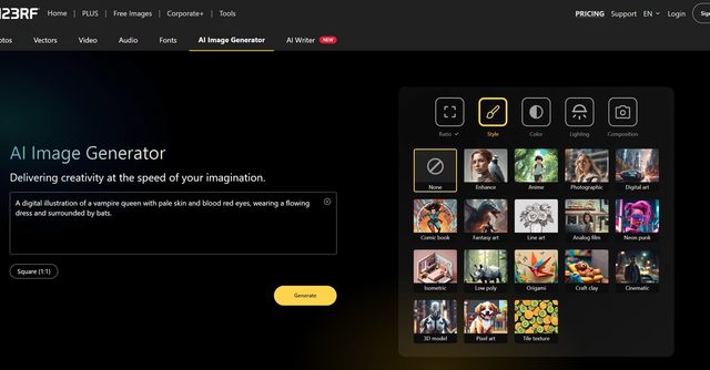 123RF - Transforms text prompts into unique and customizable images for various applications.