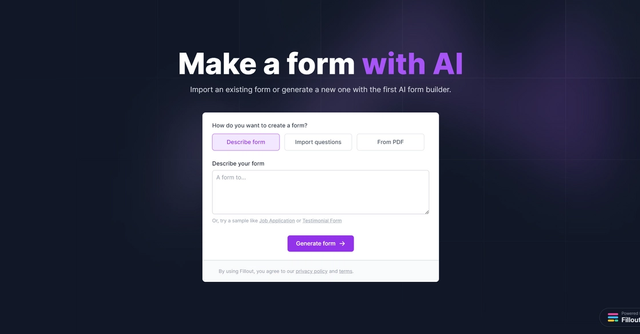 AI Form Builder - Enables users to effortlessly generate surveys, forms, and quizzes by harnessing AI-powered question generation.