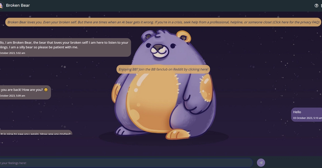 Broken Bear - AI chatbot designed to provide emotional comfort and support to individuals, emphasizing acceptance of their vulnerabilities.