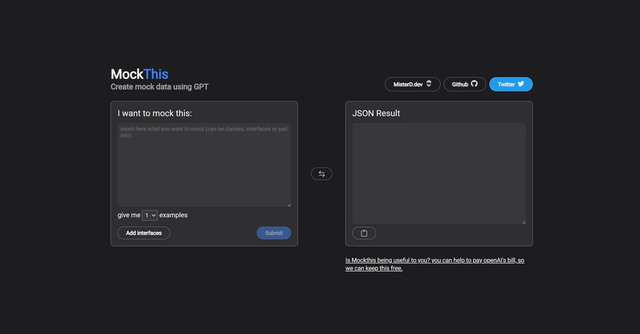 MockThis - Open-source AI tool, streamlines data input by generating realistic mock data sets using GPT technology.
