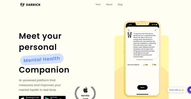 Earkick - Workplace mental health tool that measures and addresses mental health risks in real-time, providing actionable suggestions for reducing burnout and promoting well-being.