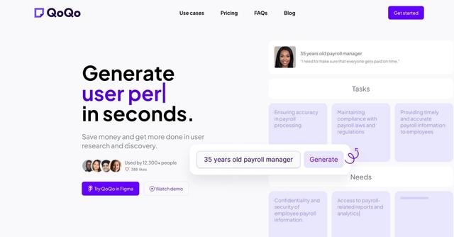 QoQo - QoQo is an AI-powered UX design tool that generates cards for building personas, identifying user goals, needs, motivations, frustrations, tasks, and design challenges.