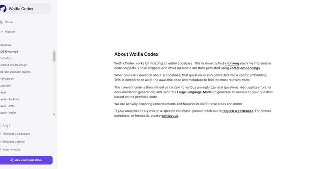 Codex - Codex by Wolfia is an AI-powered tool designed to help developers quickly find information within their codebase.