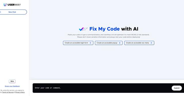 Fix My Code - Fix My Code is an AI-based tool offered by UserWay that aims to optimize code to meet WCAG 2.1 AA standards.