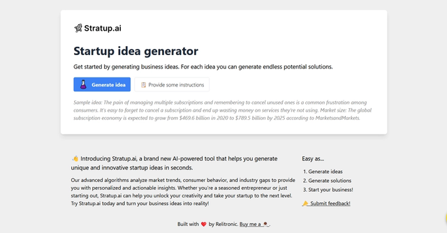 Stratup.ai - Startup.ai is an AI-powered tool designed to aid entrepreneurs in generating unique and innovative startup ideas by analyzing market trends, consumer behavior, and industry gaps.