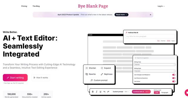 Bye Blank Page - Bye Blank Page offers an AI-powered text editor for effortless content creation.