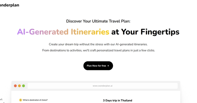 Wonderplan - AI-powered travel itinerary planner generates tailored trip recommendations based on your interests, preferences, and budget.