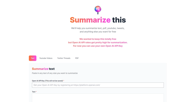 Summarizethis - help you summarize text, pdf, youtube, tweets, and anything else you want for free